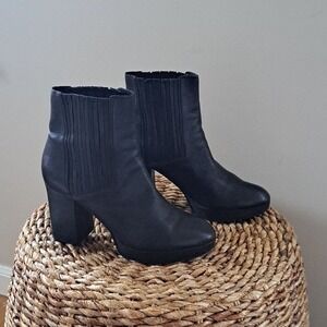 Eileen Fisher Womens Black Leather Platform‎ Ankle Boots Elastic Panels S-8